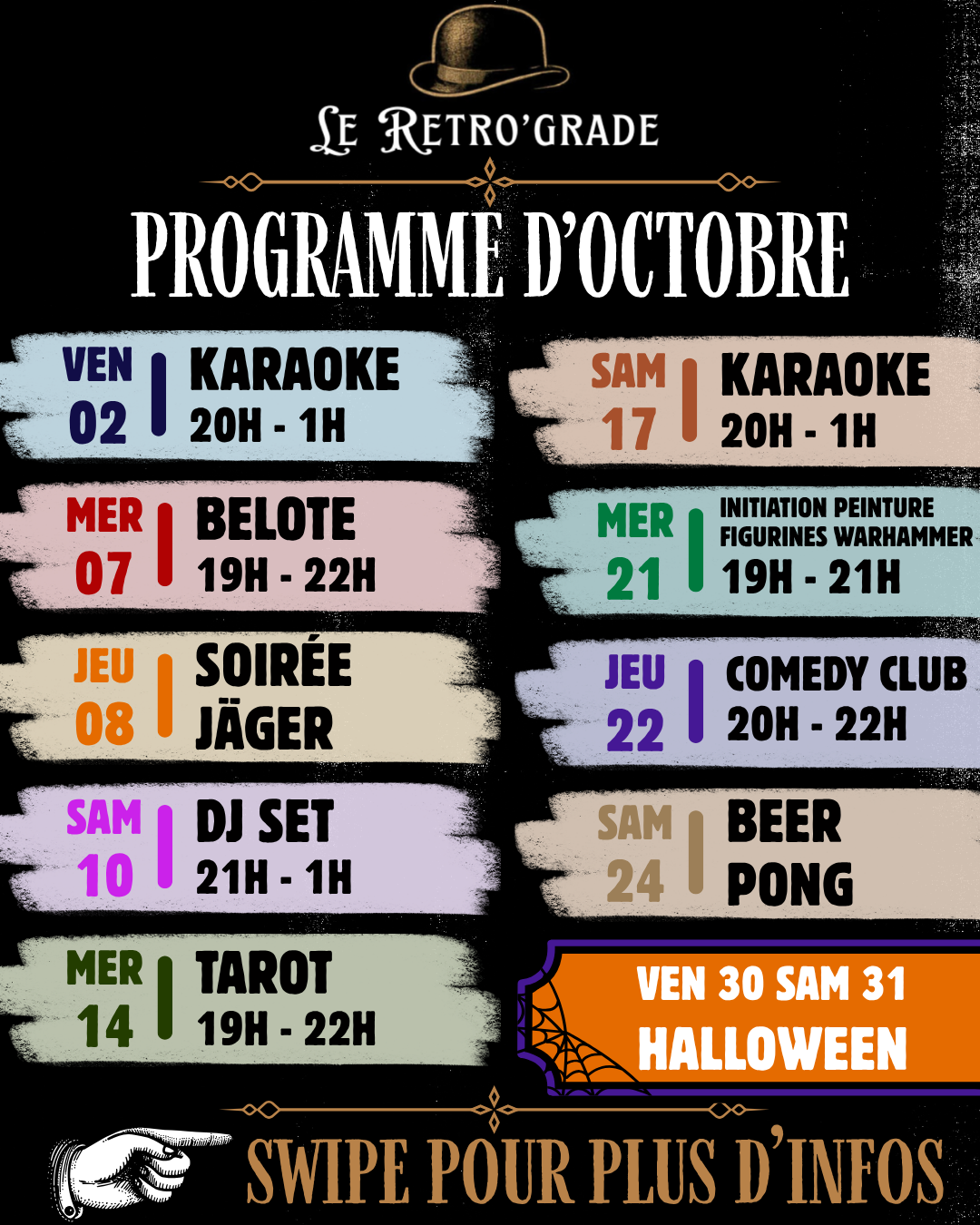 Affiche rétro “Le Retro’Grade” avec programme de soirées, dates, horaires et textes typographiques gothiques.